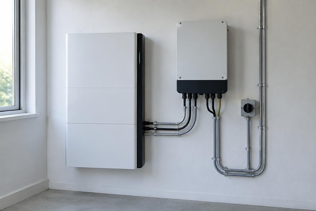 Bateria residencial e inversor instalados na parede de uma área técnica