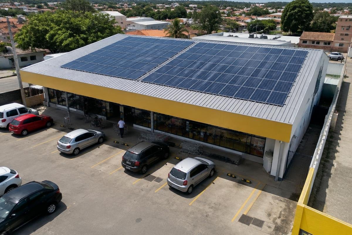 Sistema fotovoltaico instalado sobre a cobertura metálica de um comércio