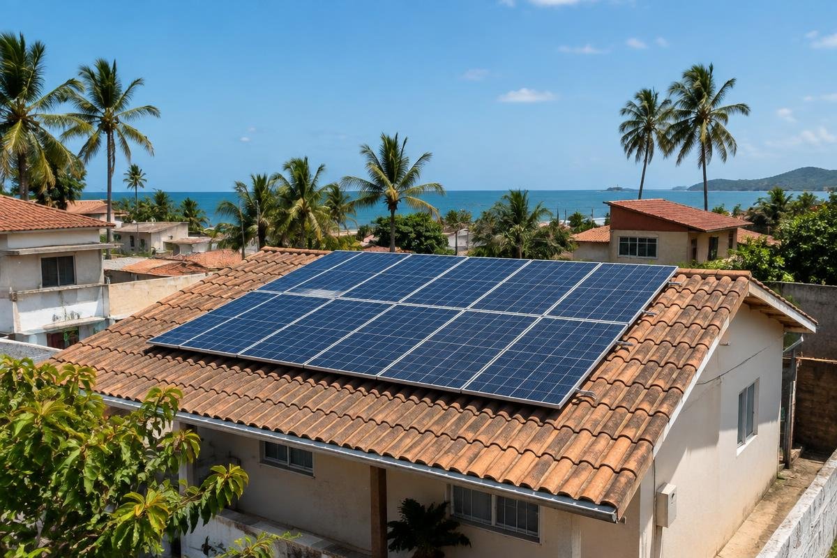 Casa com painéis solares no telhado em uma cidade litorânea do sul da Bahia