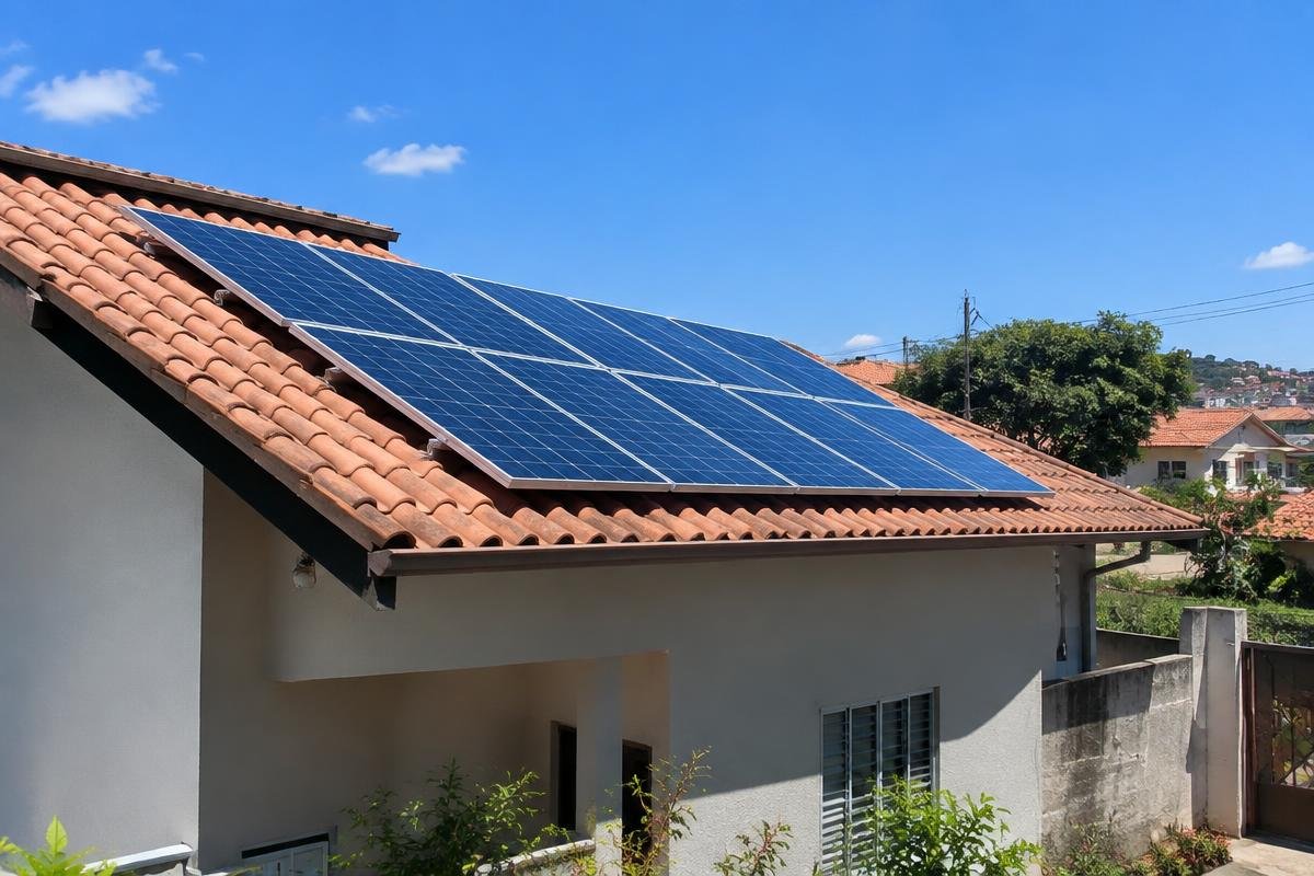 Placas solares sobre o telhado de telha cerâmica de uma casa em dia de céu limpo