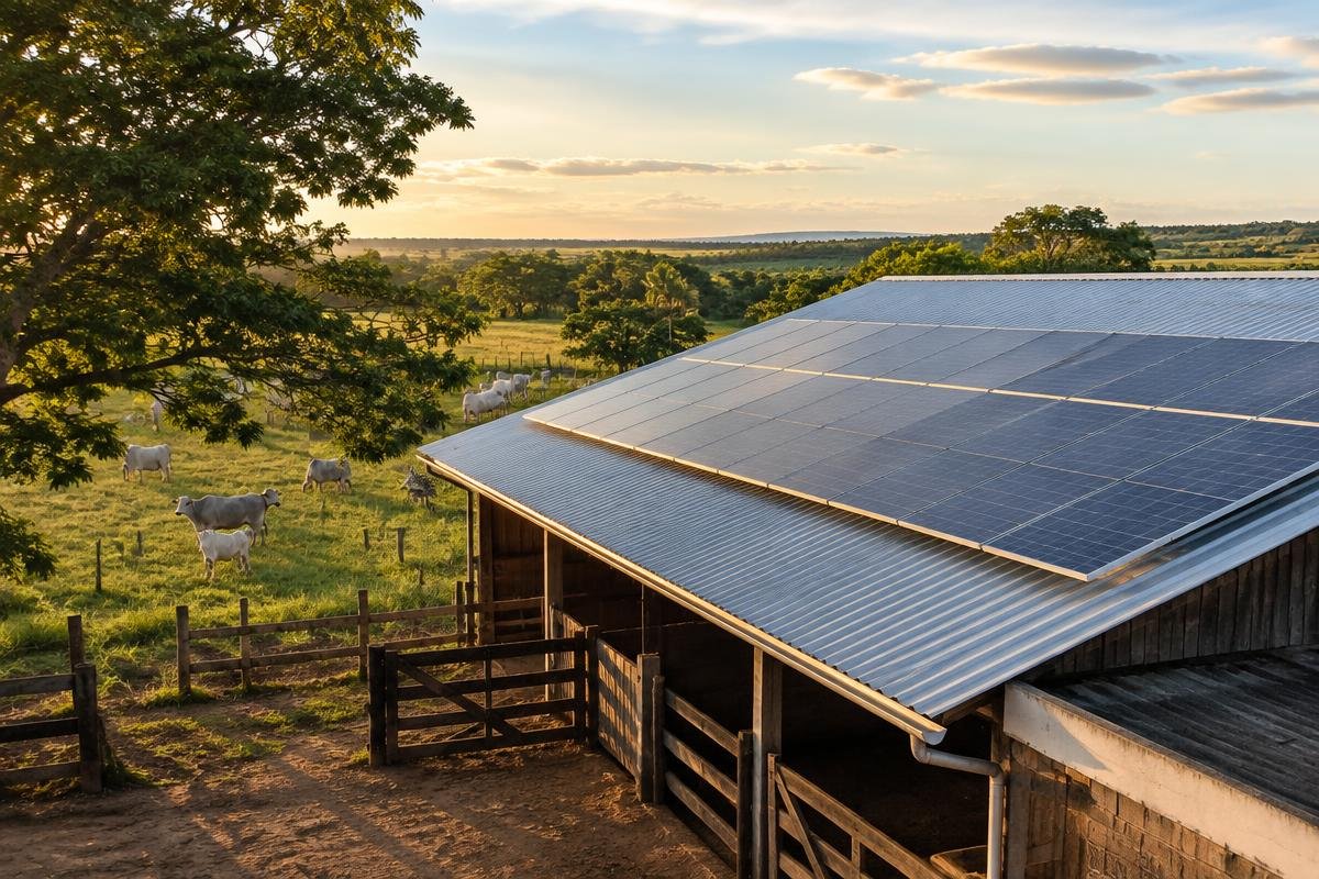 Painéis solares sobre a cobertura de um galpão rural com pasto ao fundo