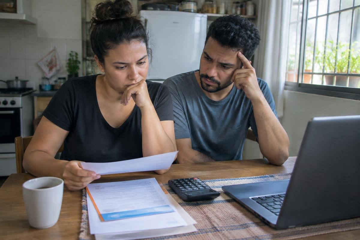 Casal analisando faturas e planilha de custos em casa antes de contratar um financiamento