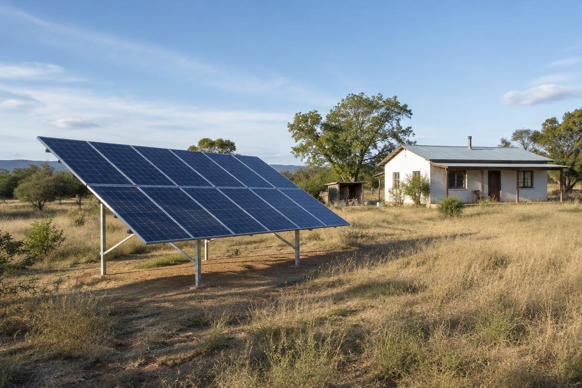 Painéis solares fixados no solo ao lado de uma casa simples em área rural