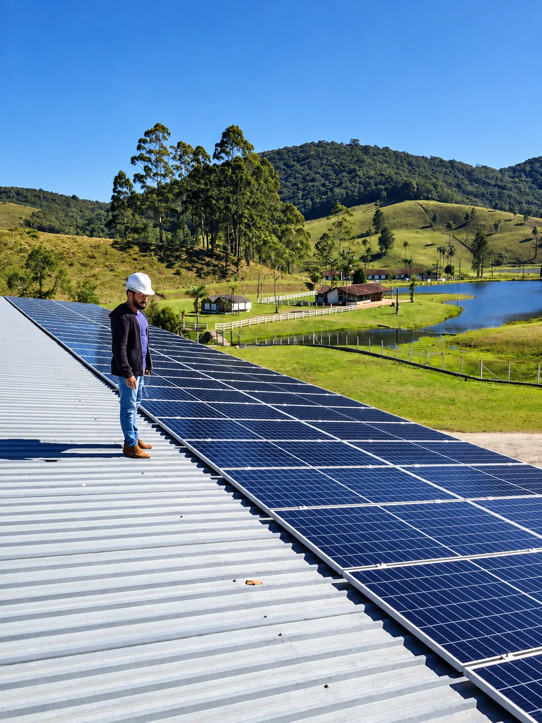 Profissional da SOLTECH ao lado de painéis solares instalados em propriedade rural